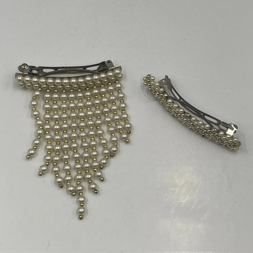 Vintage 2pc Faux Pearl Hair Barrette Set‎ Waterfall Fringe Drape Beaded Wedding - Picture 9 of 11